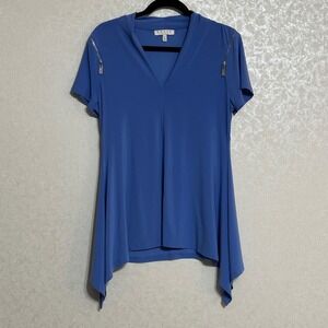 Chaus New York Tunic Top V-Neck Zipper Detail Soild Blue Blouse Asymmetric Hem L